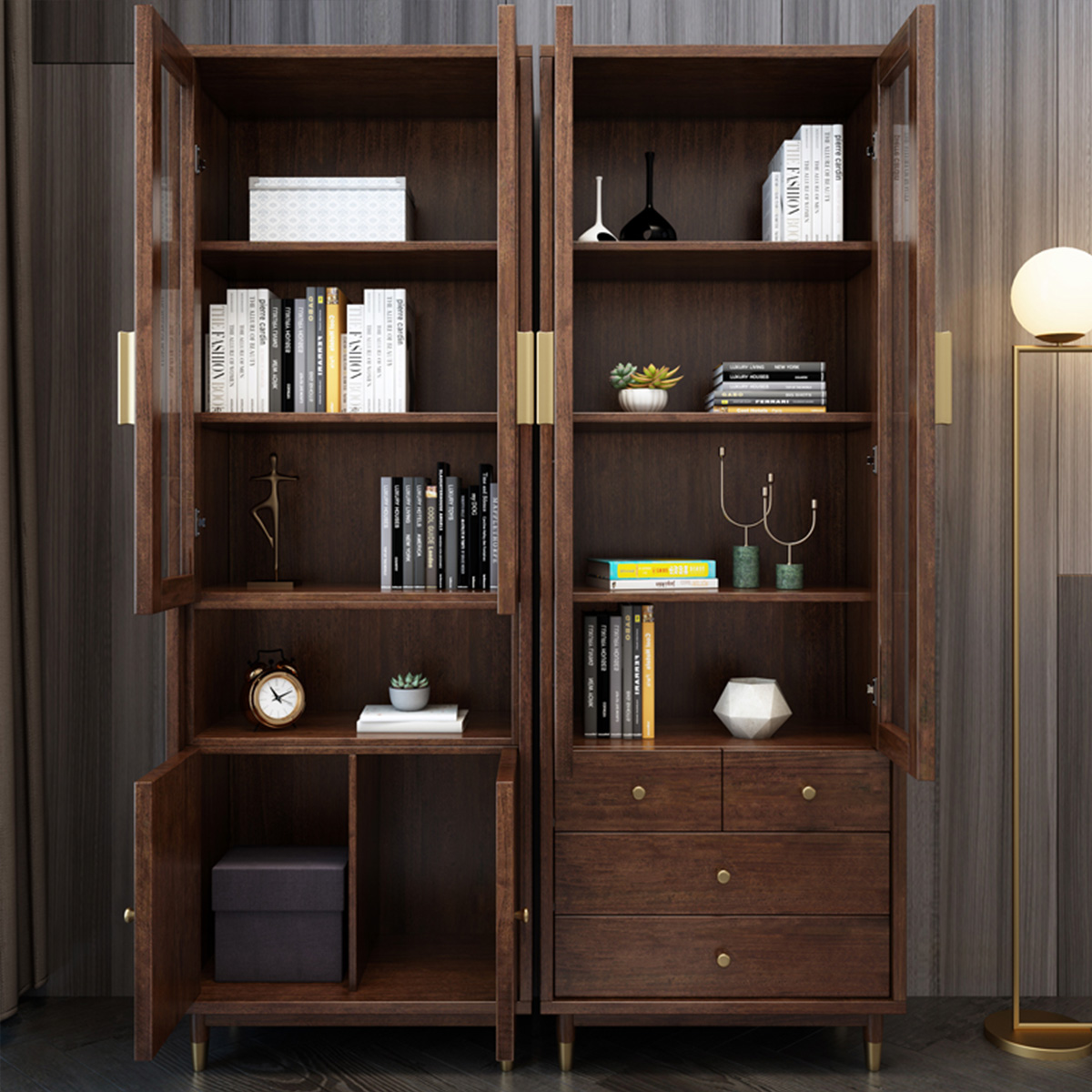 木格尚品 新中式实木书柜胡桃木全实木书橱组合北欧轻奢木实木书房