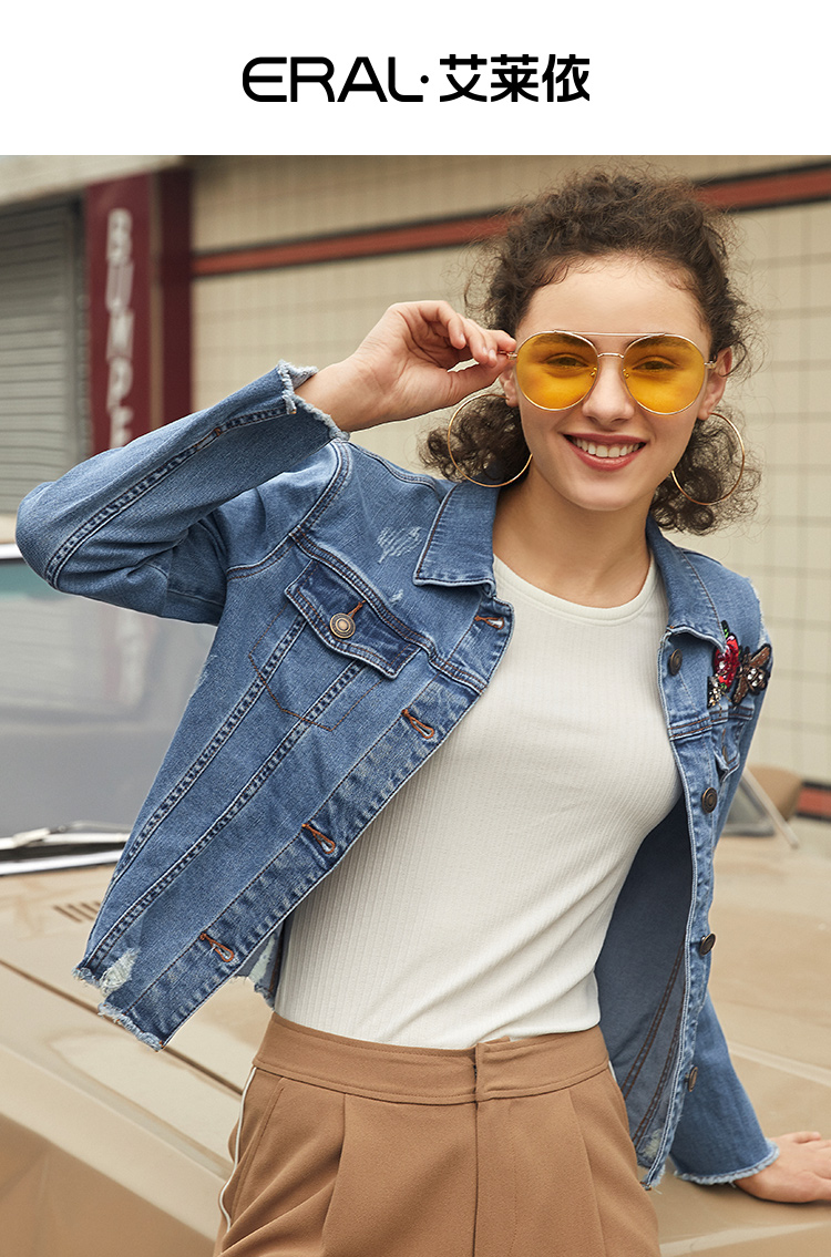 艾莱依2019春新款单排扣破洞牛仔外套女韩版绣花短外套