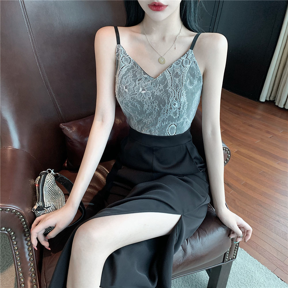 蕾丝吊带高腰连体裤性感开衩大长腿夏季韩版新款连体裤黑色s8590斤