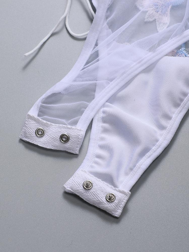 白色s刺绣花边开档连体衣伪娘睡衣女装大佬蕾丝绑带cd变装男士吊带