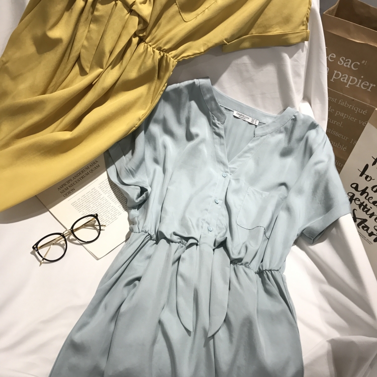 浅蓝色 m 雾霾蓝慵懒风铜氨丝连衣裙宽松清新文艺衬衫裙女夏百搭冷淡