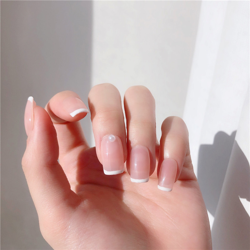 成品贴片手工定制果冻白色法式珍珠美甲短款显白穿戴光疗甲三维工匠l