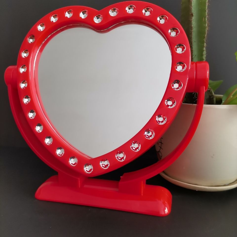 红色两面爱心梳妆镜子欧式台式化妆镜子爱心款式双面梳妆镜简约可拆卸