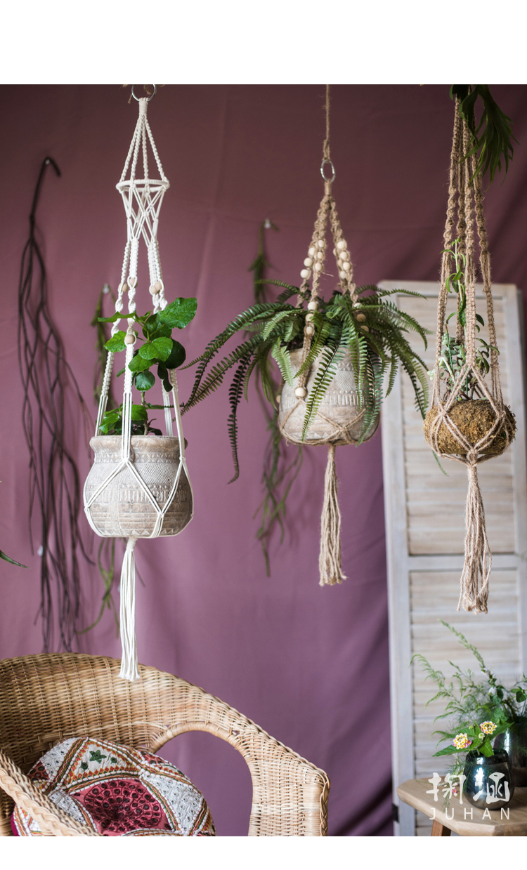 美帮汇手工艺术棉绳麻绳吊篮网兜花篮壁挂垂吊花器花盆悬挂创意d款棉