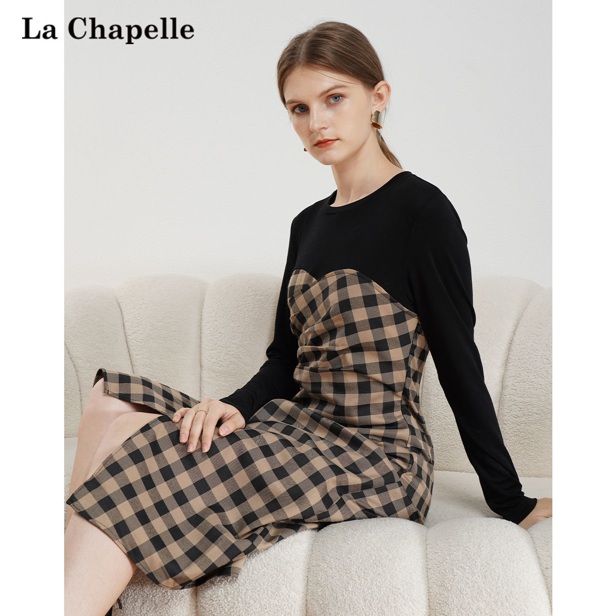 拉夏贝尔(la chapelle)连衣裙 拉夏贝尔2021秋冬新款咖色格纹拼接