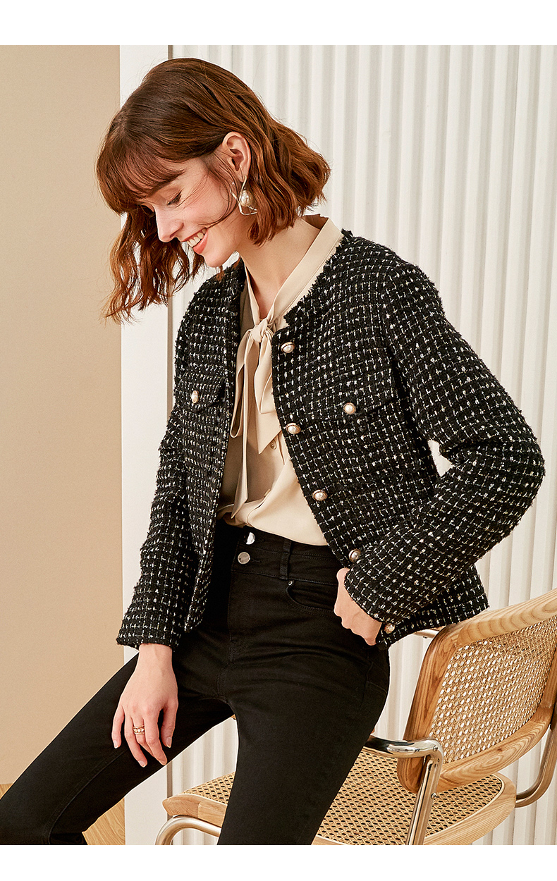 欧莎黑色格子小香风粗花呢外套女短款2019新款秋冬季加厚百搭时尚