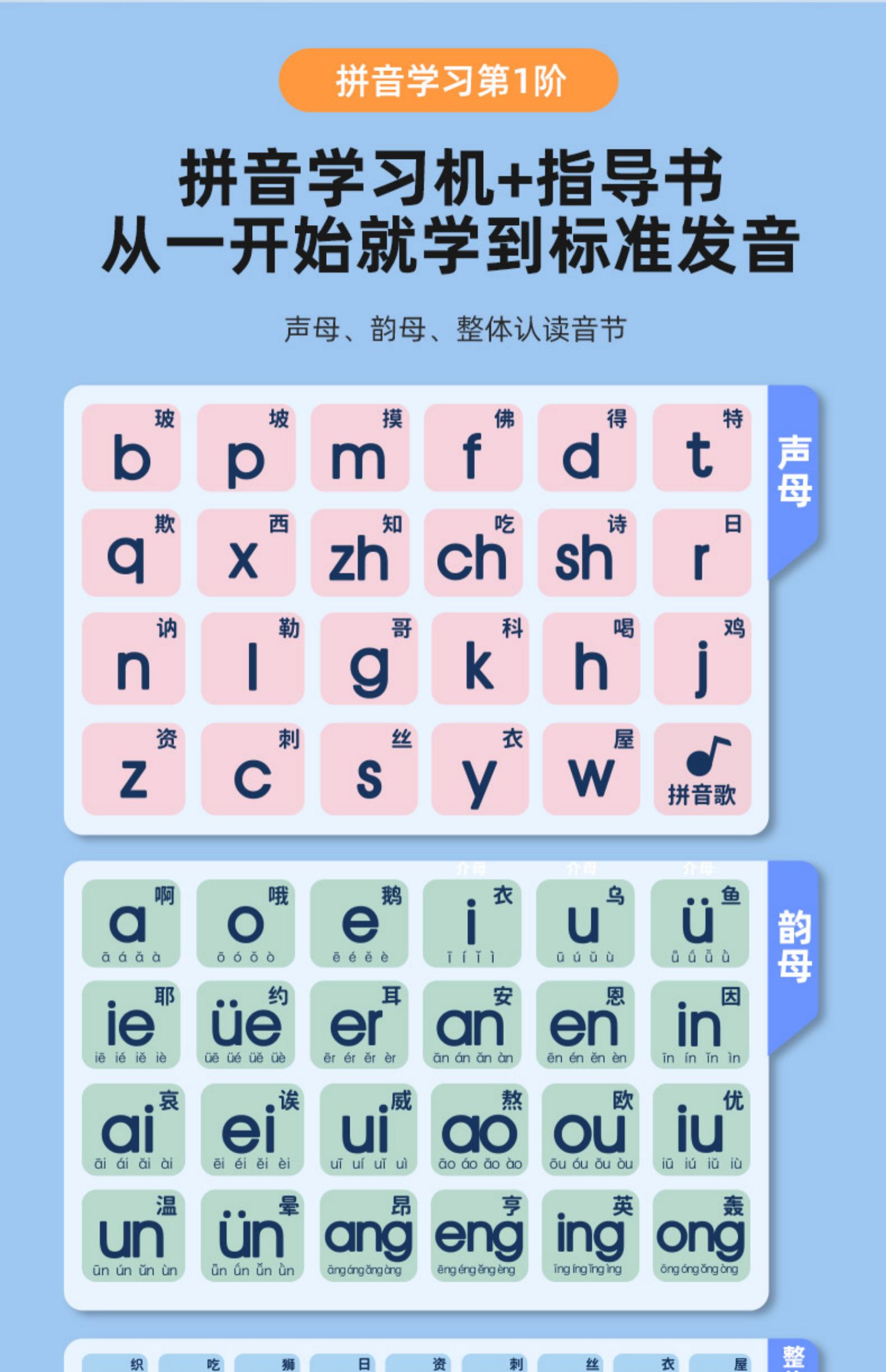 汉语拼音学习机器拼读训练卡片字韵母墙贴早教益智玩具真智力识字卡