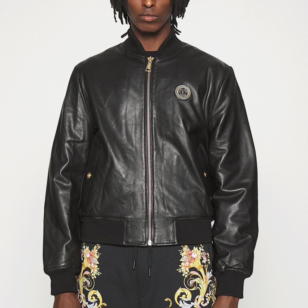 versacejeanscouture范思哲男女同款黑色微标饰仿皮飞行员夹克外套e71