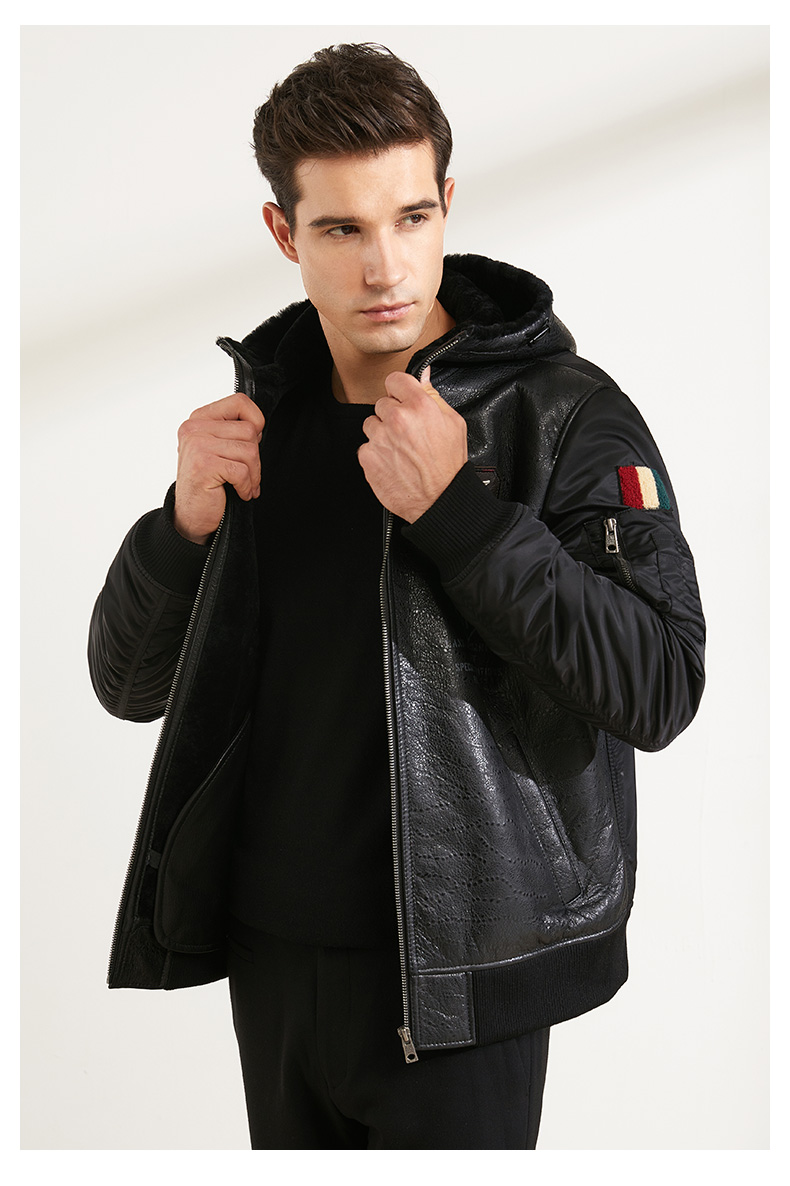 雪豹2019新款冬季男士棉服青春休闲羊毛皮革连帽帅气外套