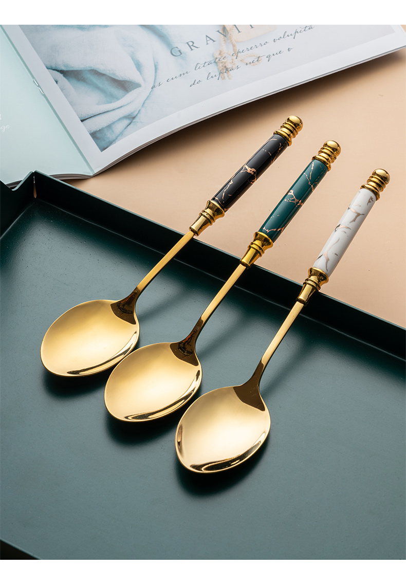 senseyo金色勺子欧式高颜值不锈钢汤匙创意个性饭勺陶瓷长柄精致复古