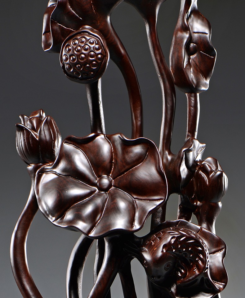 黑檀木年年有鱼根雕荷花雕刻摆件红木家居装饰工艺品开业乔迁送礼