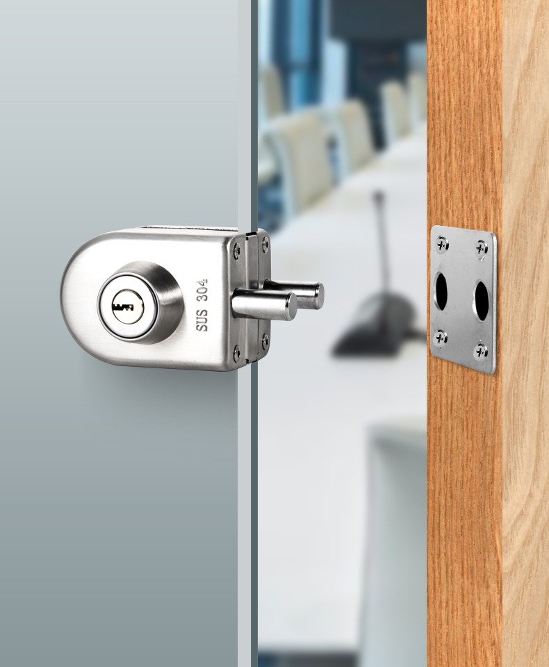 无框玻璃门锁推拉玻璃锁双门免开孔不锈钢插销办公室中央玻璃锁具敬平