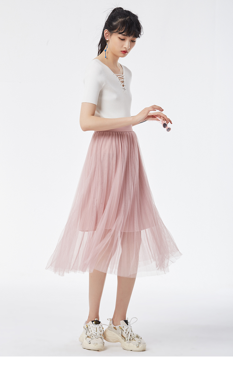 马克华菲女装2019夏高腰显瘦雪纺百褶a字蓬蓬网纱裙中长款半身裙