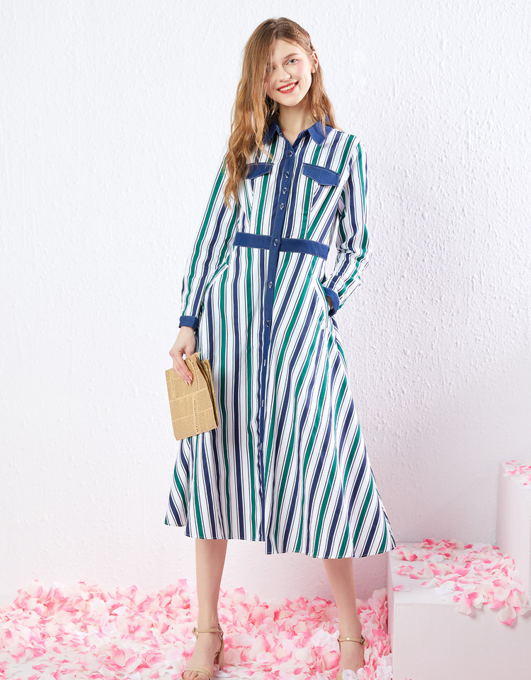 依尚街区休闲连衣裙女2020春装新款条纹衬衫裙百搭长裙子学生