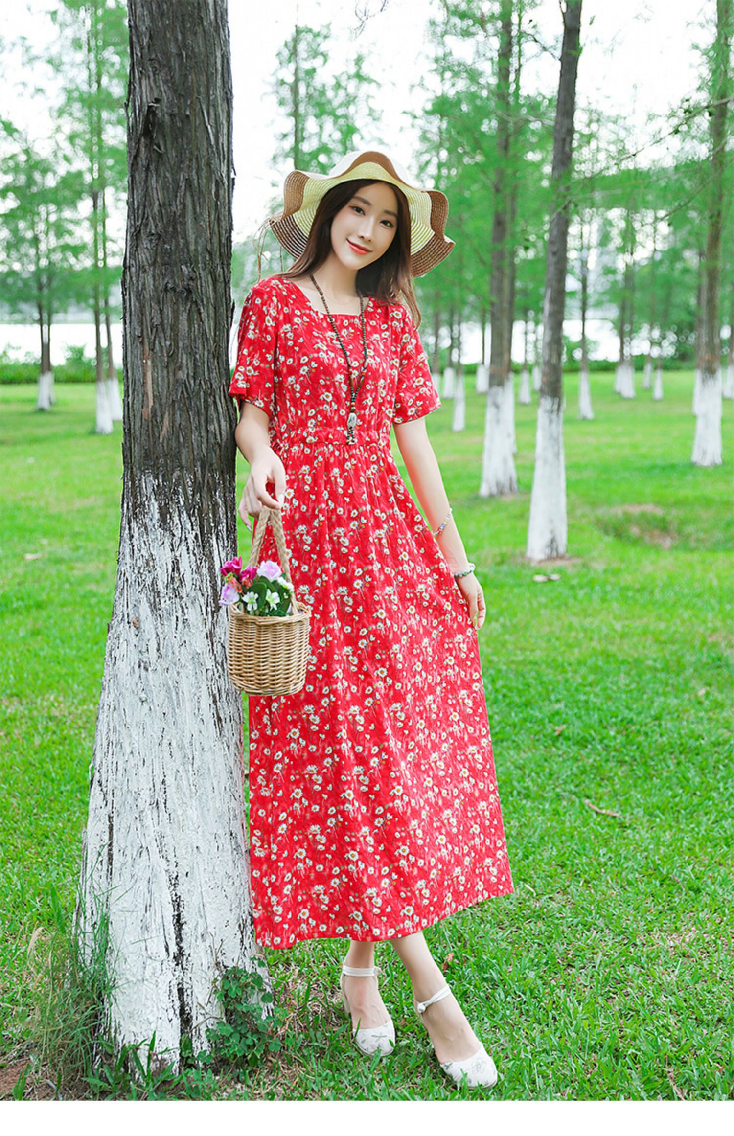 复古文艺小碎花棉麻连衣裙女2021夏新款宽松大码显瘦系带收腰长裙绿色