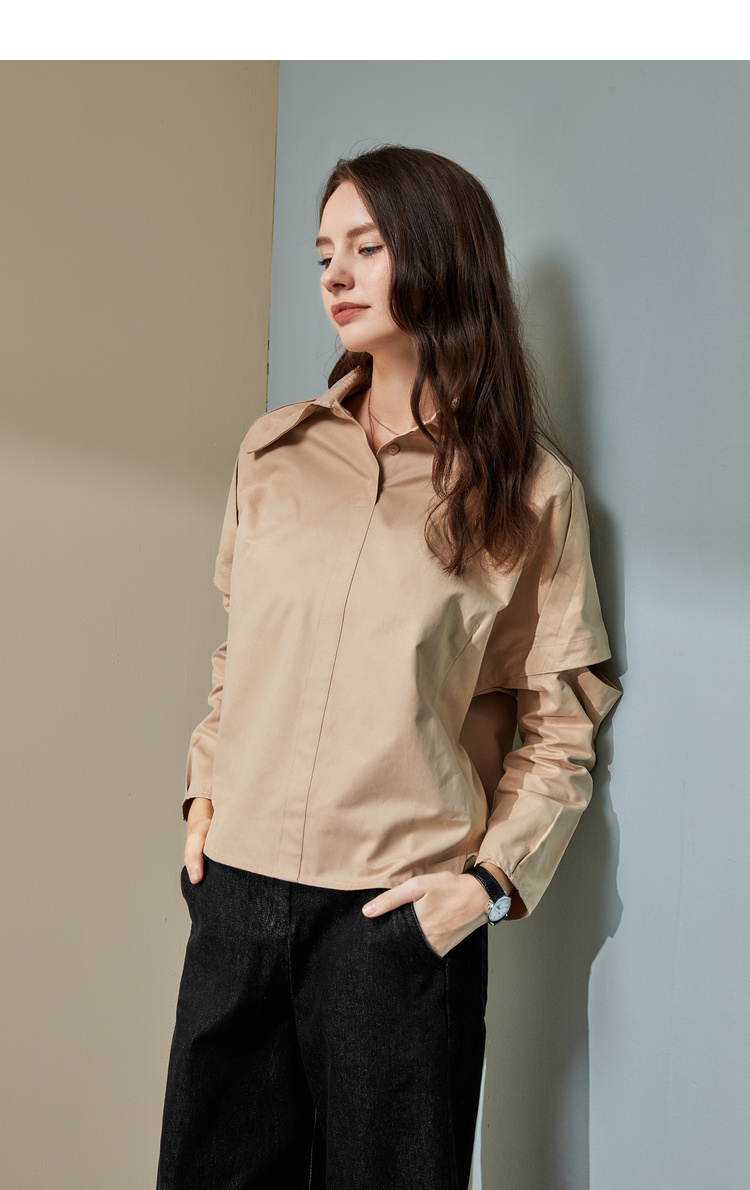 艾莱依2019秋季新款时尚设计感短款衬衫女纯色长袖上衣