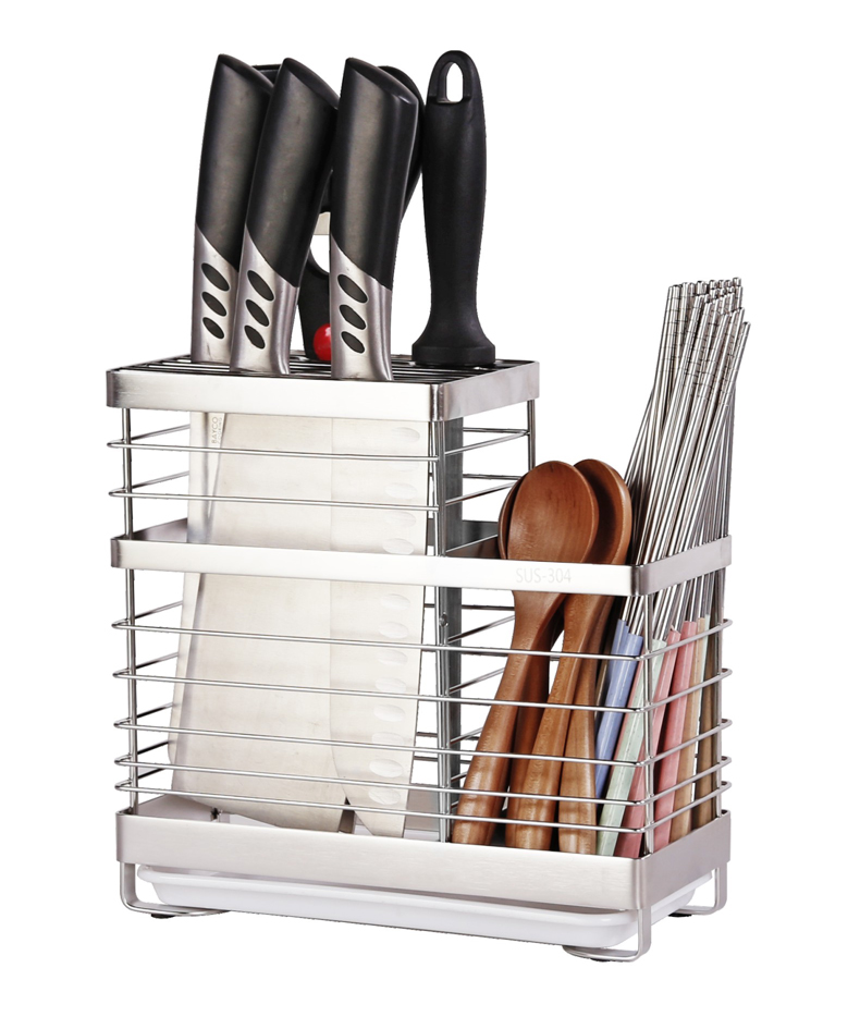 304不锈钢刀架家用厨房菜刀架插刀座盒放刀具置物架收纳架沥水盘三维