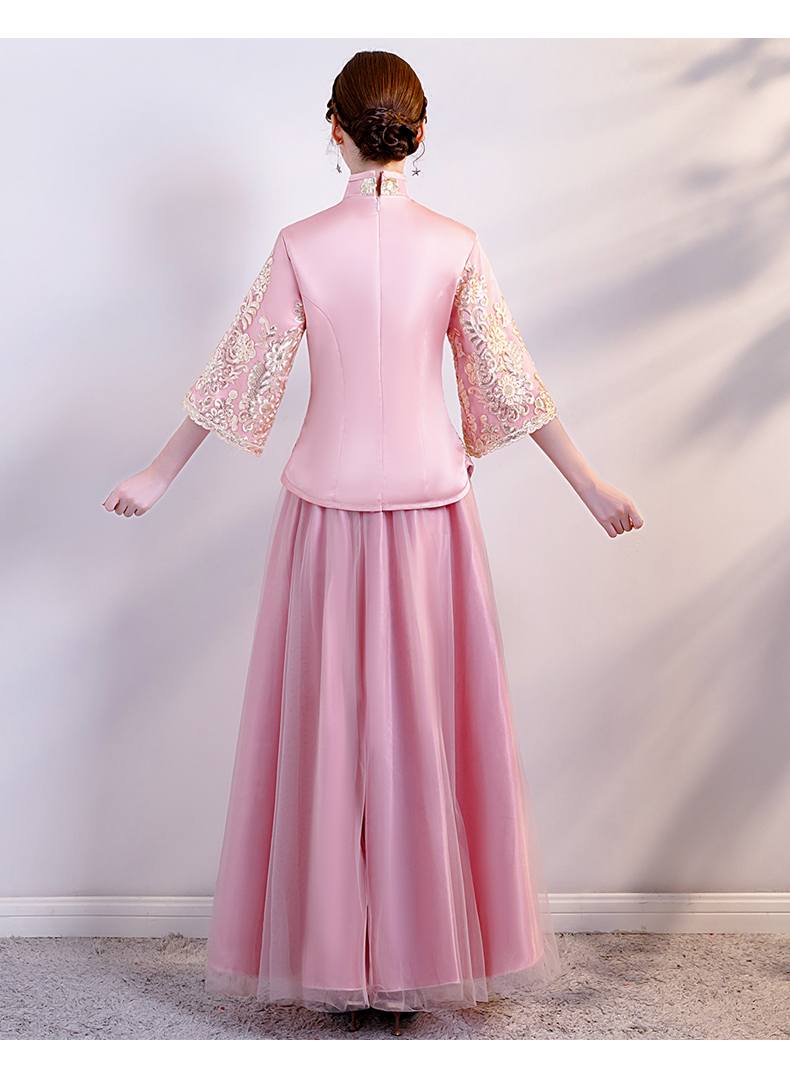 中式伴娘服女2019秋冬款中国风姐妹团秀禾礼服粉色伴娘裙显瘦