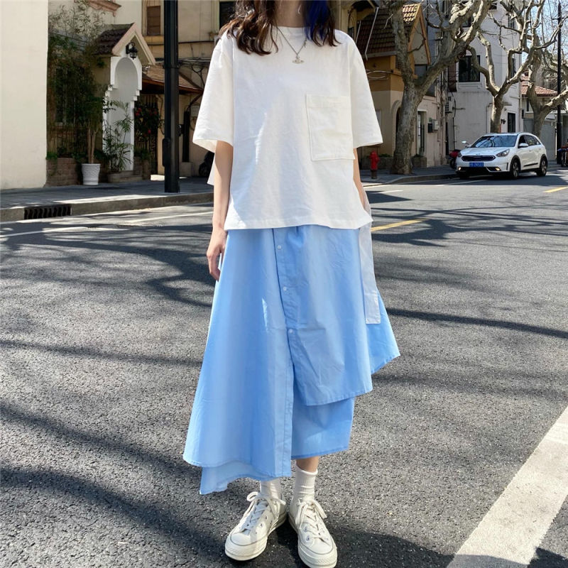 日系白色短袖t恤配半身裙两件套学院风仙女大摆天蓝色长裙子套装15天