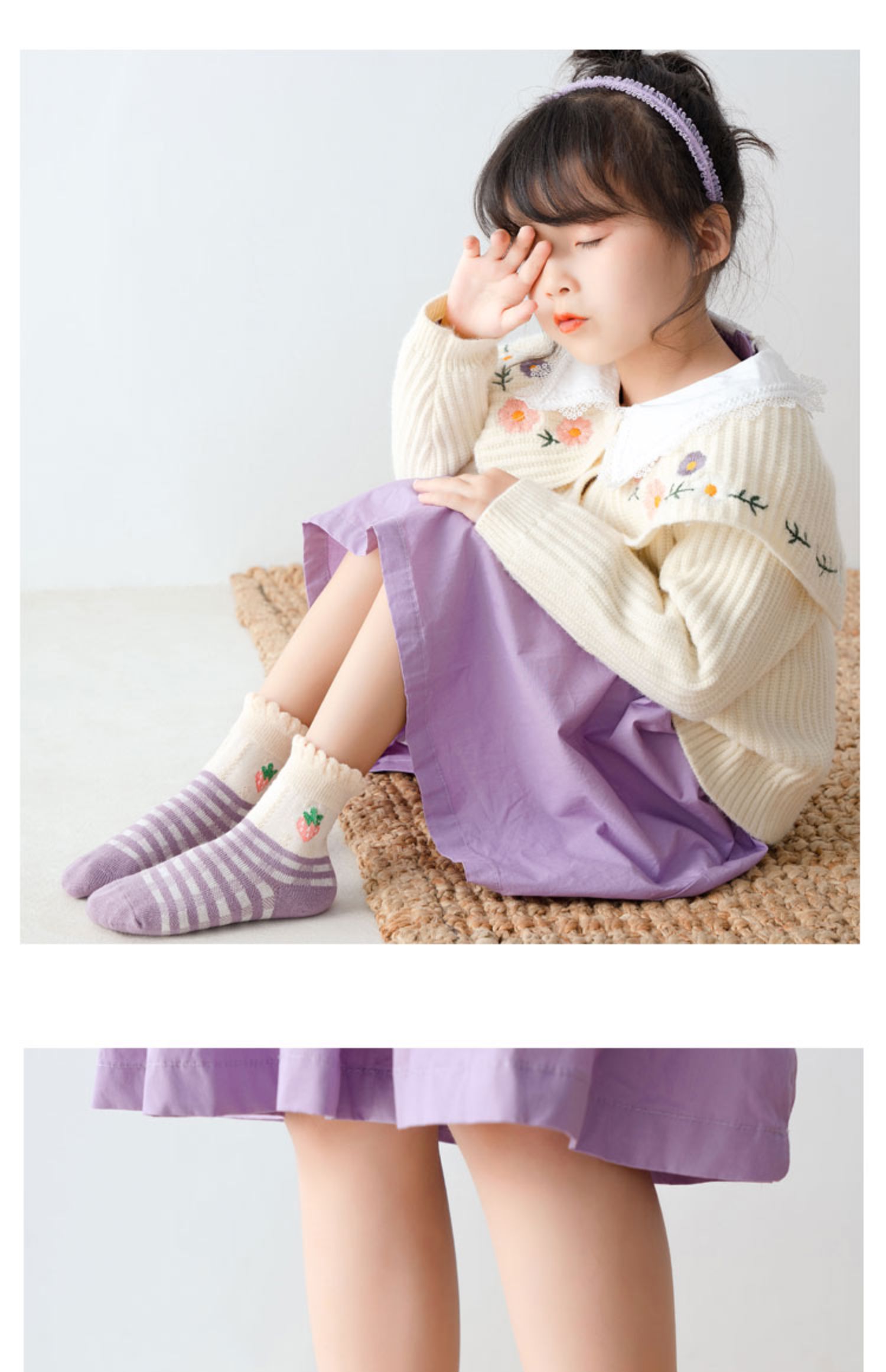 喻娄女童袜子春秋季宝宝碎花儿童中筒袜公主女孩花边宝宝紫色袜子