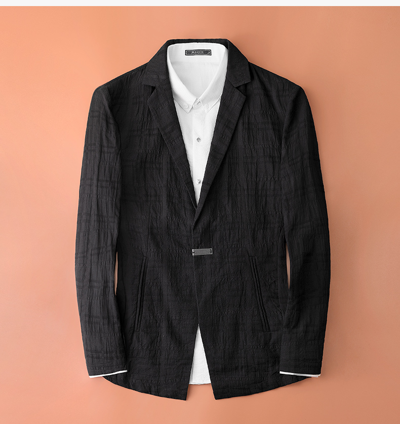 黑色暗纹西服男韩版修身青年时尚休闲薄款小西装外套褶皱做旧单西