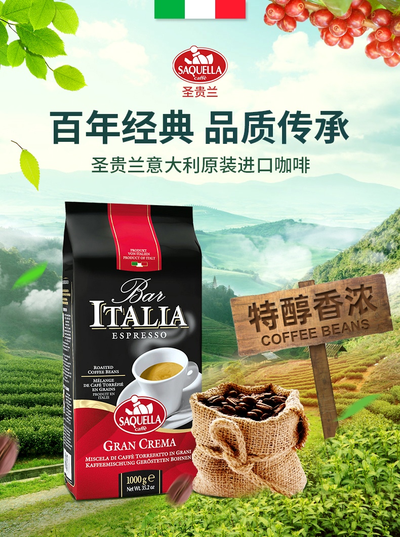 圣贵兰 Saquella 进口咖啡圣贵兰特醇香浓深度烘培咖啡豆意大利原装进口阿拉比卡拼配1kg 价格图片品牌报价 苏宁易购苏宁自营