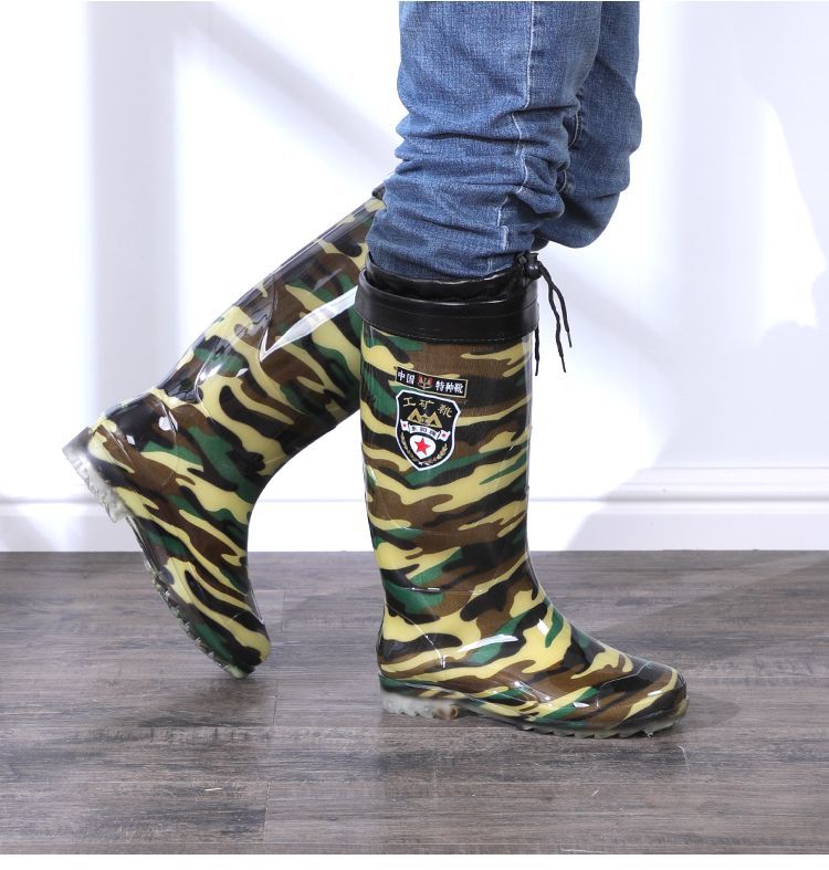 《黄色男士速干长筒雨靴无里布速干水鞋厚底耐磨防滑加绒防水靴胶鞋