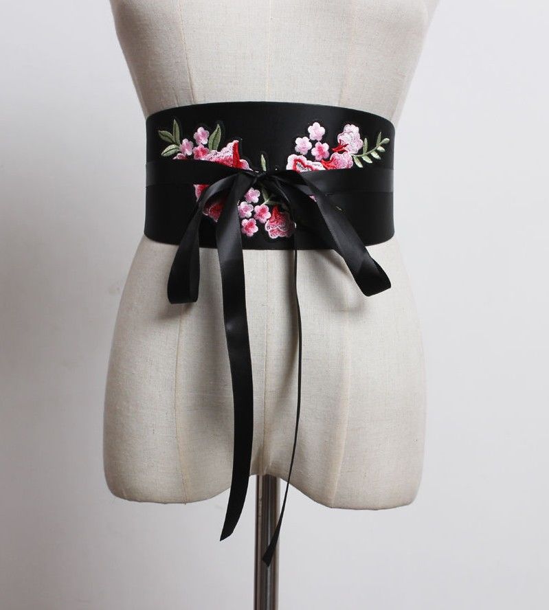 黑色中国风宽腰带女士古风刺绣花朵装饰配裙子腰饰束腰绑带民族风腰封