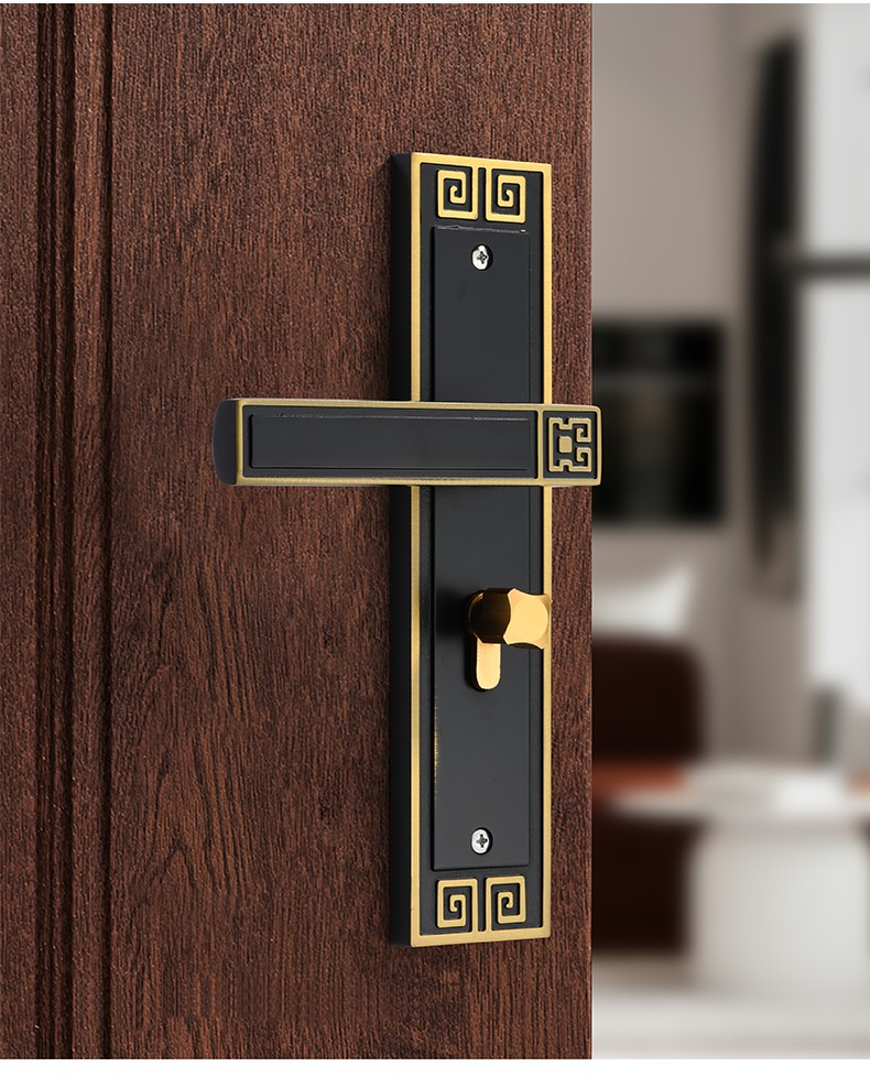 新中式门锁室内卧室房间门锁磁吸静音黑色家用实木复古中式门把手