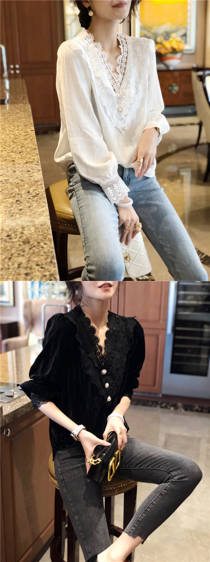 欧洲站春装2020新款欧货女装时尚v领蕾丝衬衫女ins网红洋气小衫潮