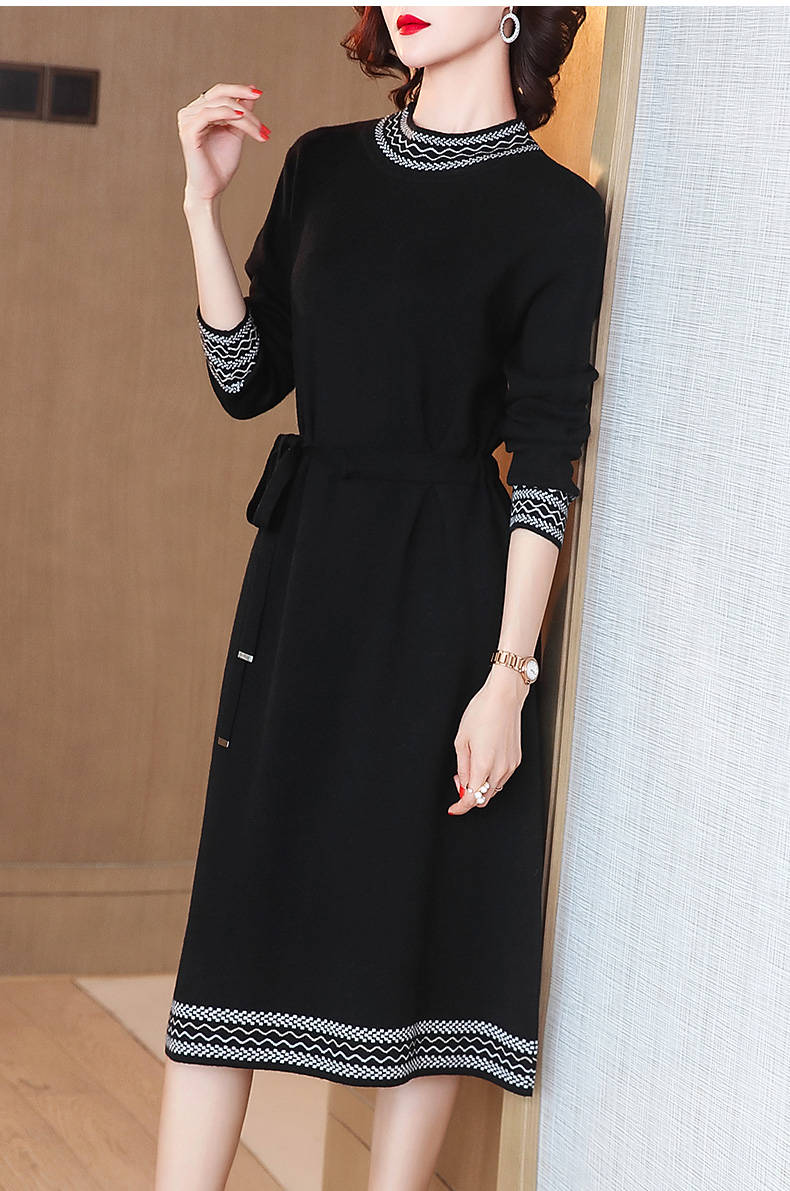 遇见衣姿2020秋冬新款女装针织连衣裙中长款过膝民族风百搭修身毛衣裙