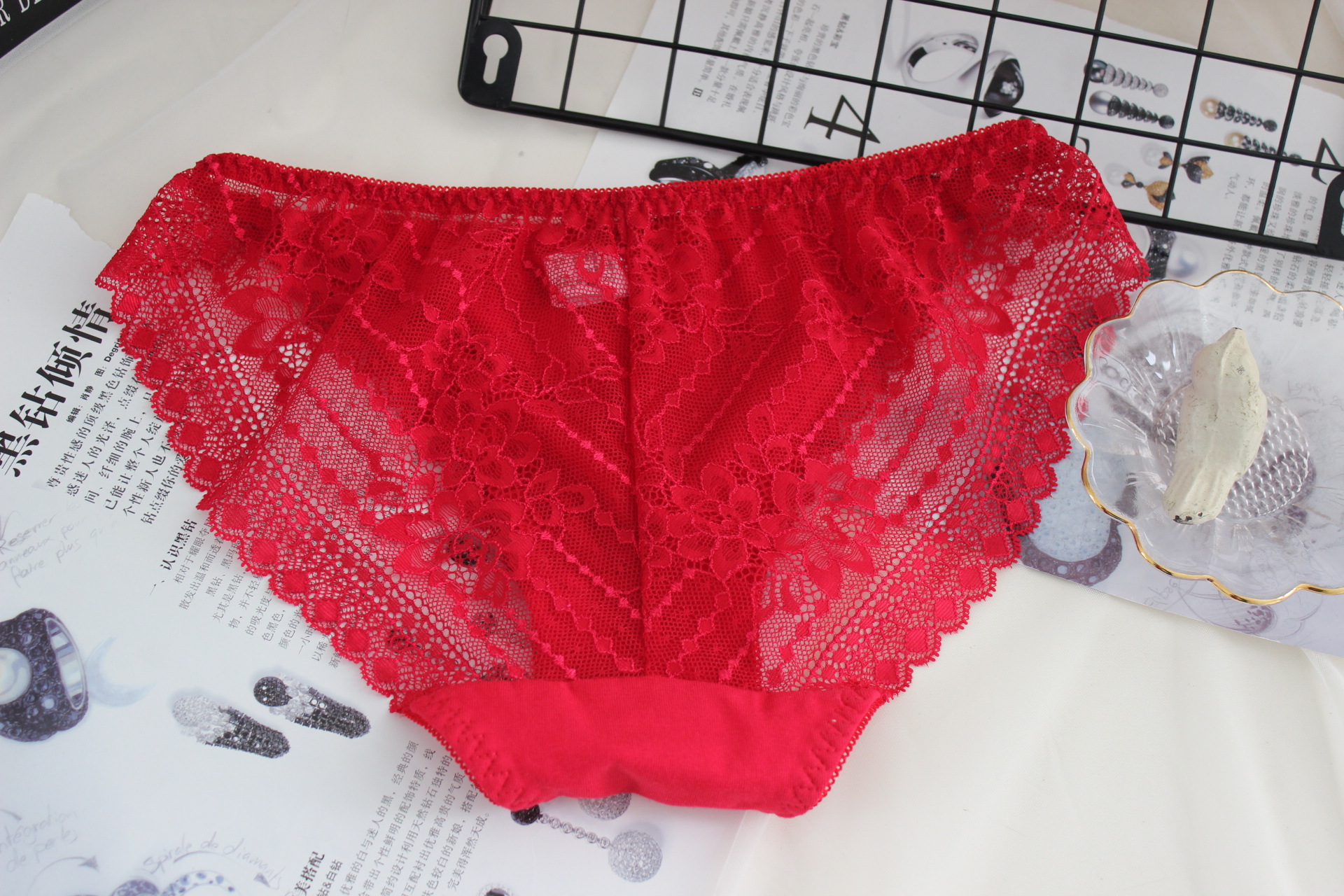 8网纱蕾丝红色新年性感本命年结婚红色长期款内裤女红内裤内裤【价格
