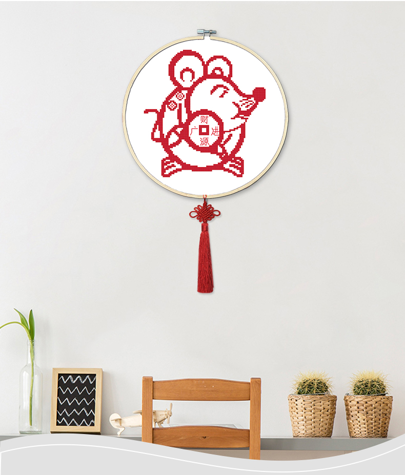 封后十字绣生肖鼠图案2019新款绣小学生手工免装裱单色纯红布印花款