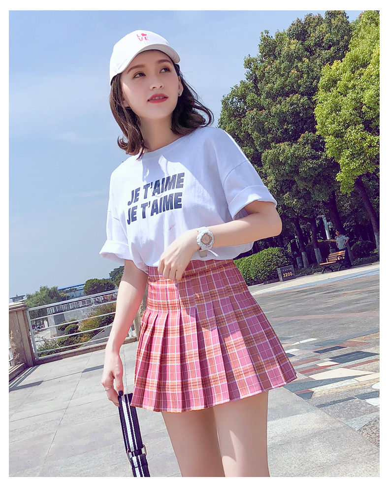 百褶裙短裙女夏2020新款高腰半身裙女春夏a字裙格裙学院半裙格子粉色l