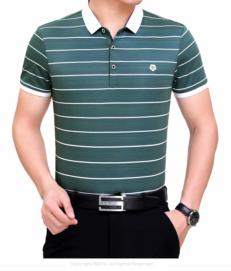 老爷车中年短袖t恤男士休闲翻领polo衫夏季桑蚕丝条纹半袖