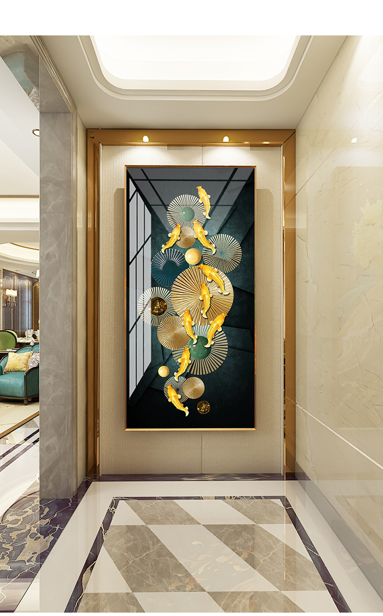 怡茹九鱼图玄关装饰画过道入户竖版轻奢高端壁画现代简约走廊尽头挂画