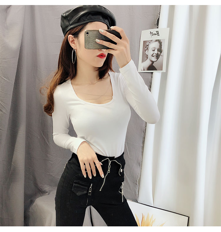 锐倪性感低胸绑带小心机露脐上衣女春新款纯色修身百搭打底衫长袖t恤