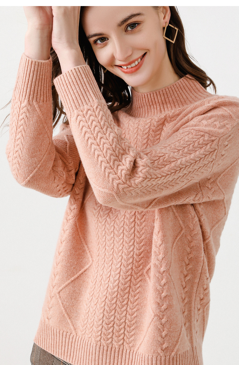 恒源祥2019秋冬复古麻花毛衣女纯色羊毛衫半高领绞花厚款毛针织衫