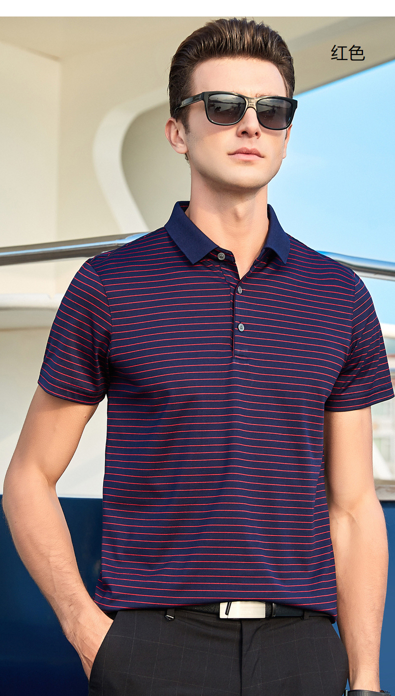 恒源祥短袖t恤男士夏季新款爸爸装含桑蚕丝短t中年条纹翻领polo衫