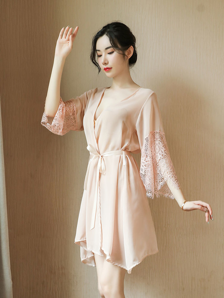 玛丁网纱开衫式蕾丝袖睡袍透视性感诱惑家居服情趣内衣y1533白色