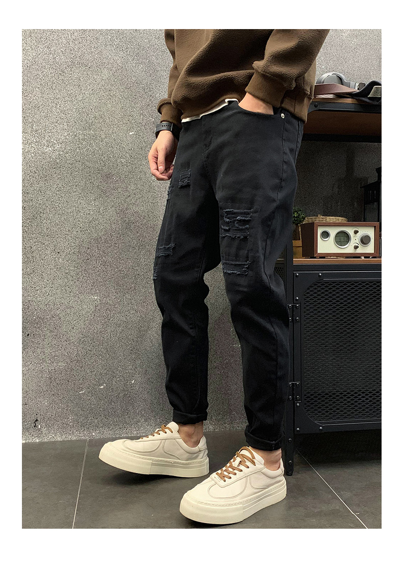 suntek黑色破洞牛仔裤男潮牌韩版修身微跨高街小脚裤子潮流春季休闲