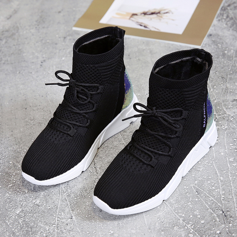 ideamini袜子鞋女2020网红女鞋黑色新款飞织潮鞋透气高帮弹力秋季运动