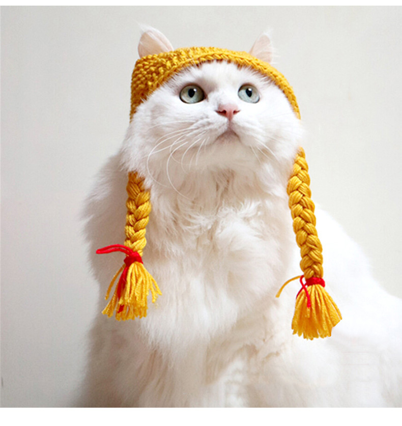手工辫子帽猫咪假发帽英短美短猫头套宠物针织帽搞笑帽 辫子帽