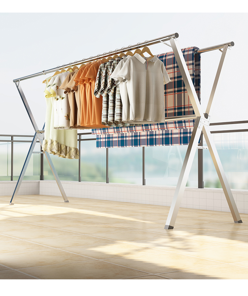 不锈钢晾衣架落地折叠可伸缩室内晾衣杆室外阳台晒被子器晒衣架三维