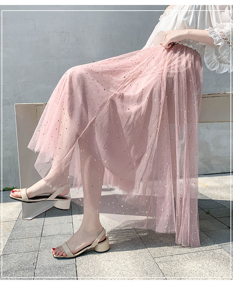 半身裙女2021春夏新款沙裙星星亮片网纱裙仙女裙中长款a字裙纱裙白色