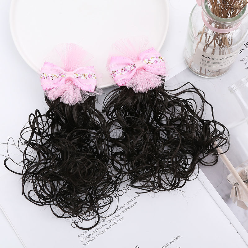 1对装黑色儿童卷发假发公主蝴蝶结假发发夹宝宝假发卡子对夹八字珠结