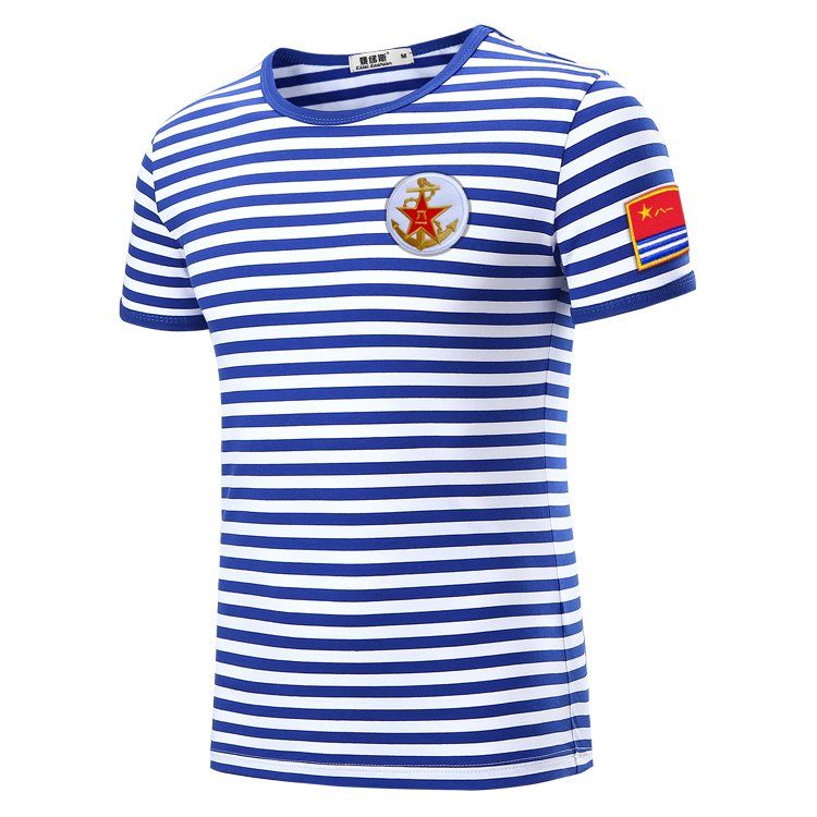 男士刺绣海魂衫蓝白条纹短袖水手服团队活动聚会半袖t恤