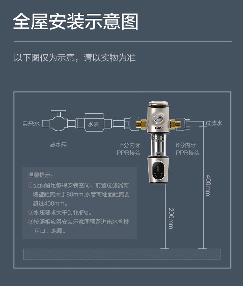 海尔haier净水器前置过滤器全屋净水器家用40微米净水反冲洗大通量