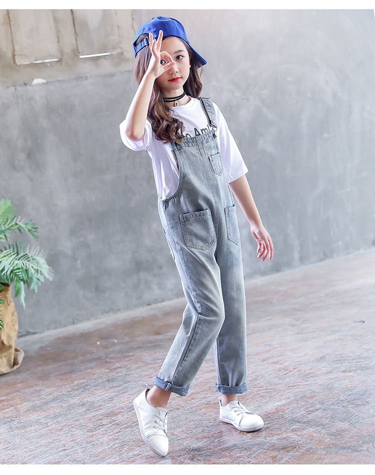 迪鲁奥diluao儿童牛仔背带裤女2021新款女童韩版春秋装宽松吊带裤套装