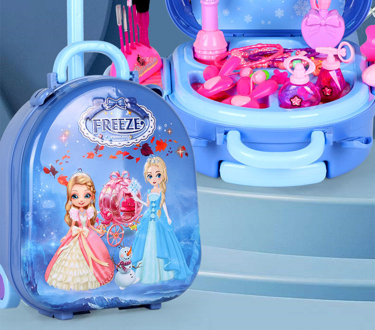 公主梳妆拉杆箱蓝色简易包装儿童化妆箱套装玩具女公主拉杆箱小女孩